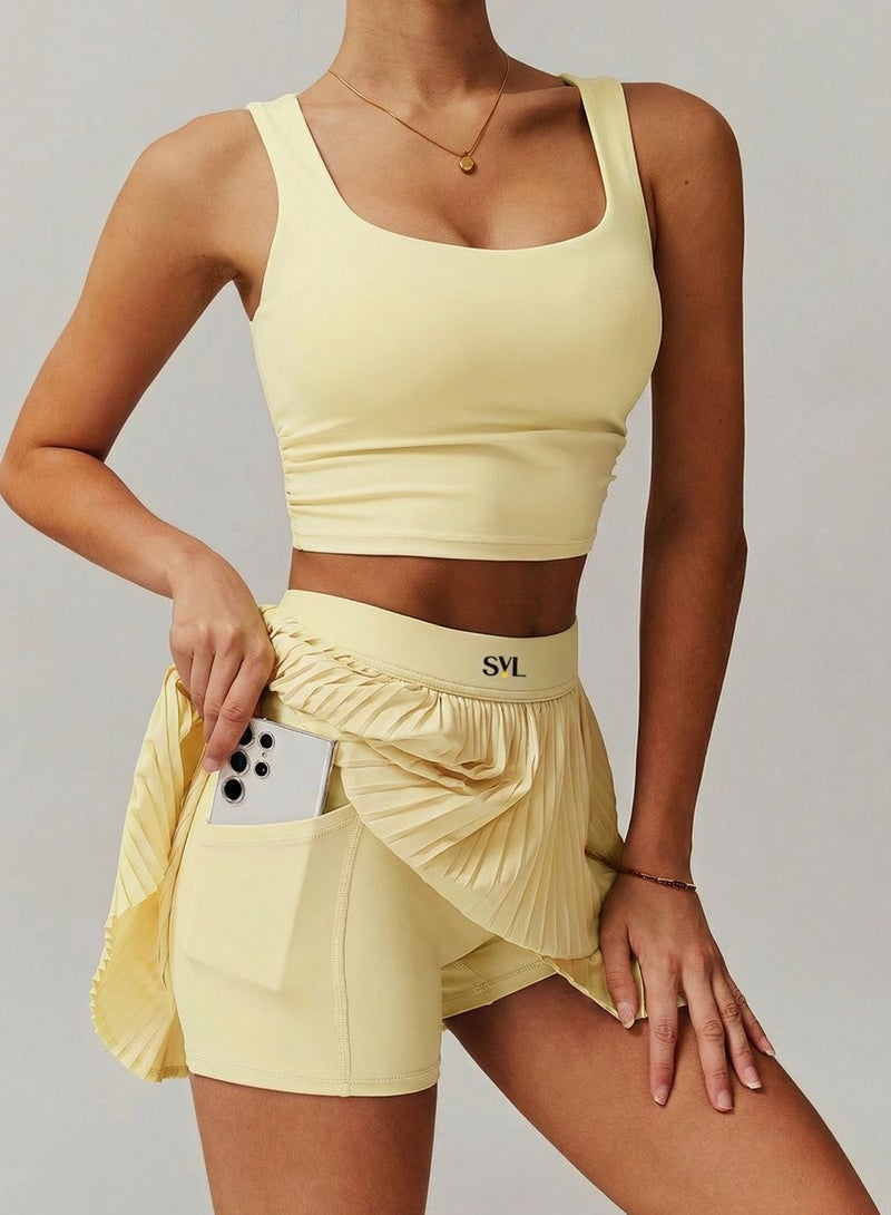 SVL High-Waist  Padel & Tennis Skirt with Built-in Shorts and Pocket - Yellow - SVL - Image 2